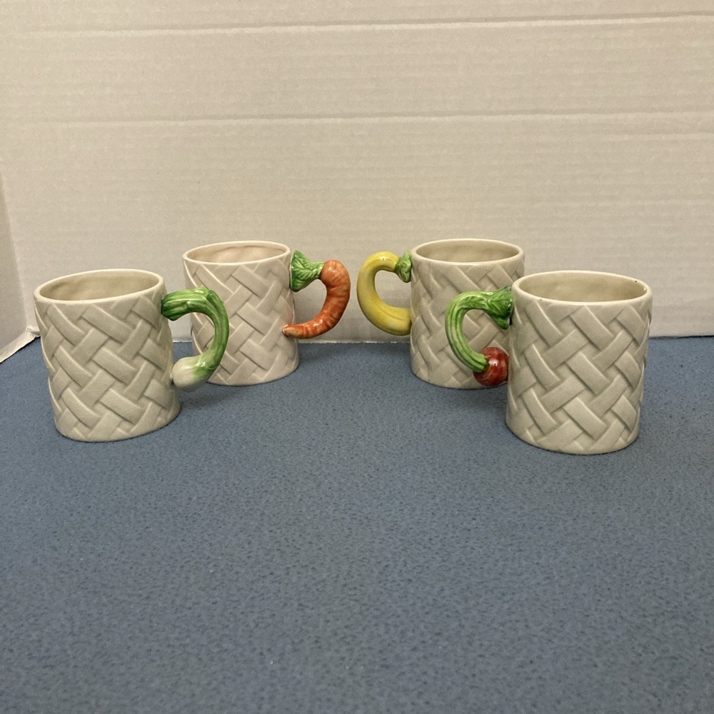 VTG Fitz & Floyd Harvest Garden Basket Weave Mugs w/Vegetable Handle - Set of 4